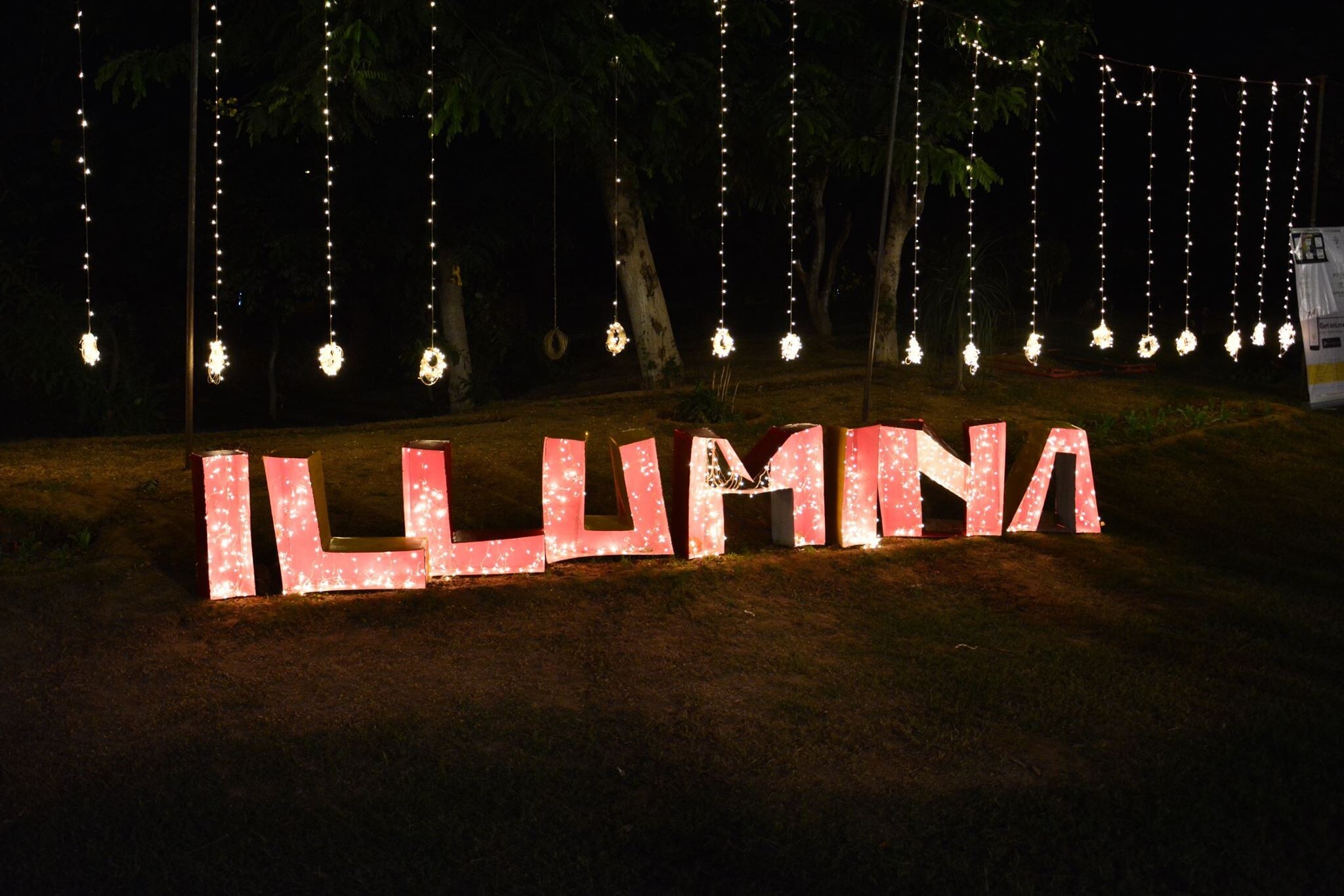 Disguised Marketing Fest at MDI Illumina fest's cut-out being displayed with lights at night in MDI