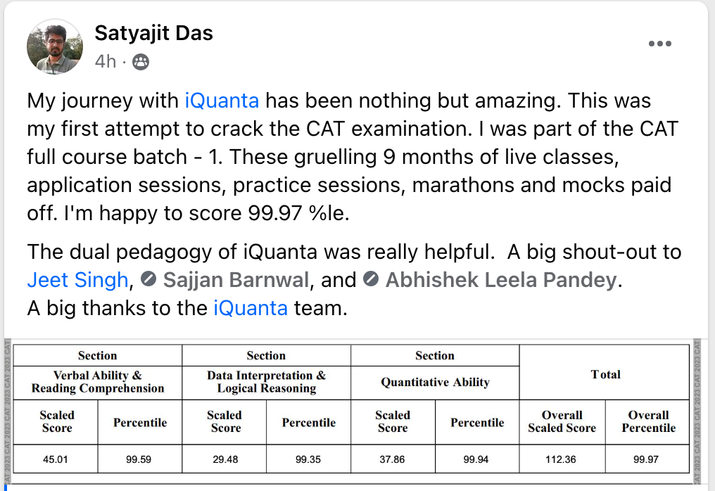 iQuanta CAT 2023 Topper Satyajit Das (99.97%iler) Shares Gratitude ...