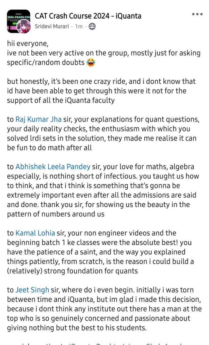 CAT Aspirants Grateful After CAT 2024 : iQuanta CAT 2024 Course ...